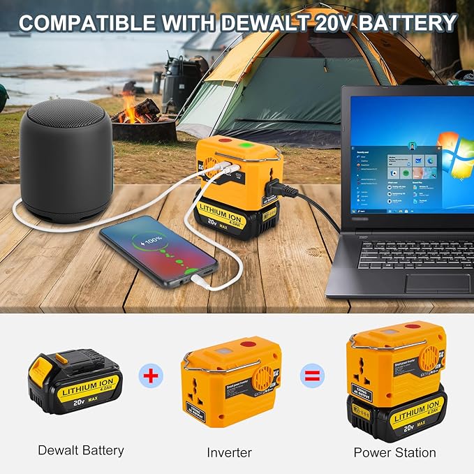 DC 20V to AC 110V Power Inverter Compatible with Dewalt 20V Max Battery 200W Portable Modified Sine Wave Power Inverter Converter with LED Light USB and Type-C Port(No Battery)