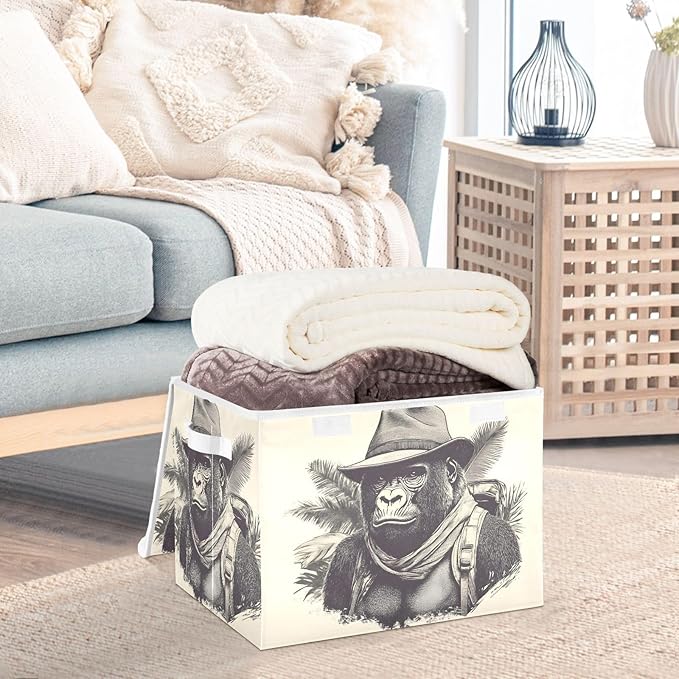 Storage Cube with Lid Gorilla Adventure Print 16.5×12.6×11.8 IN Collapsible Large Capacity Foldable Storage Basket Bin Organizer
