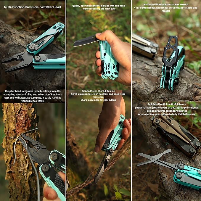 Multi Tool 20-in-1 Full-Size Lightweight EDC Multi-Purpose Pliers Folding Knife Tactical Gear Tools Boyfriend Gifts Equipment for Emergencies Hiking and Outdoor Camping (Pink)