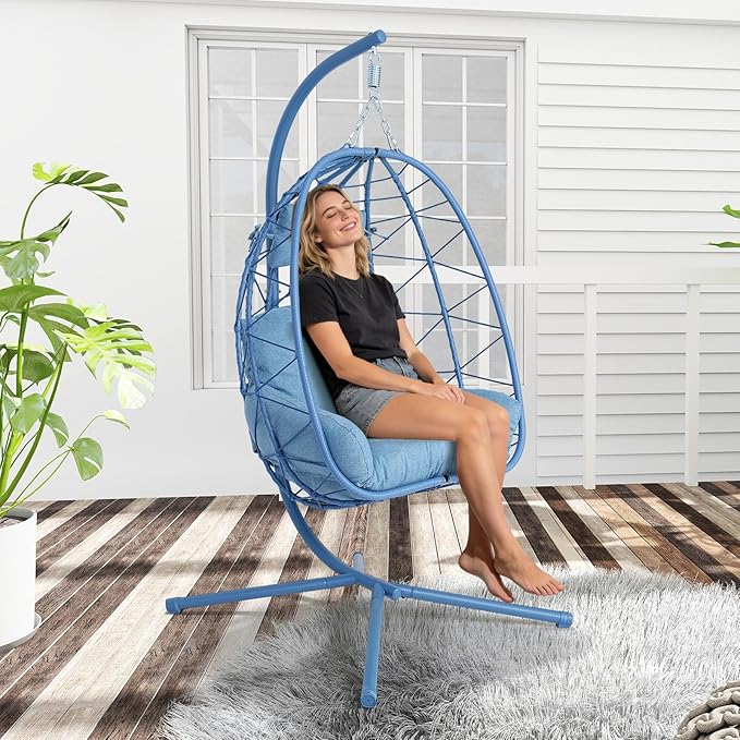 Hanging Egg Chair with Stand Outdoor Indoor Patio Rattan Swing Hammock Chairs with Washable Cushion PE Wicker Swing Chair for Backyard Bedroom Garden (Blue + Blue Cushion No Footrest)