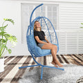 Hanging Egg Chair with Stand Outdoor Indoor Patio Rattan Swing Hammock Chairs with Washable Cushion PE Wicker Swing Chair for Backyard Bedroom Garden (Blue + Blue Cushion No Footrest)