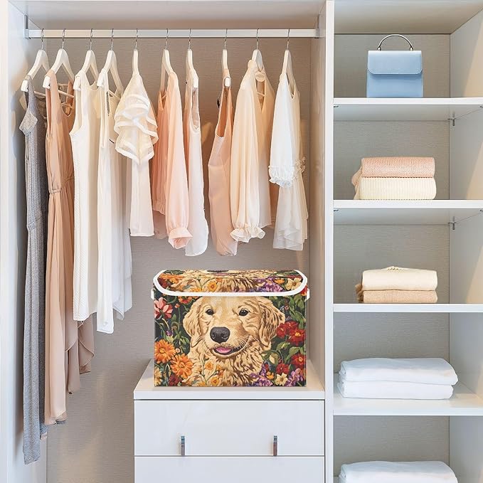 Storage Cube with Lid Labrador Floral Print 16.5×12.6×11.8 IN Collapsible Large Capacity Foldable Storage Basket Bin Organizer