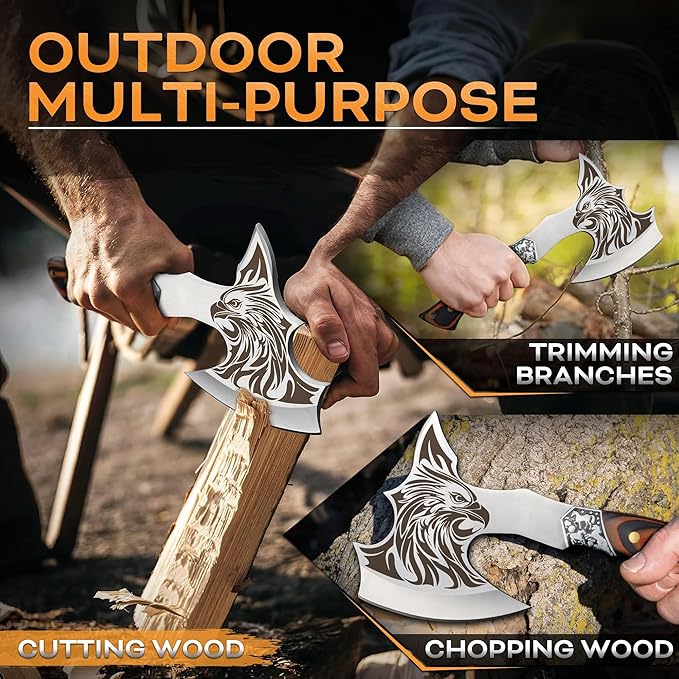 TIVOLI Camping Axe Eagle - Patterned Survival Hatchet with Nylon Sheath High Carbon Steel Blade Compact Outdoor Bushcraft Axe with Ergonomic Wood Grip Camping Gear for Hiking Chopping Hunting