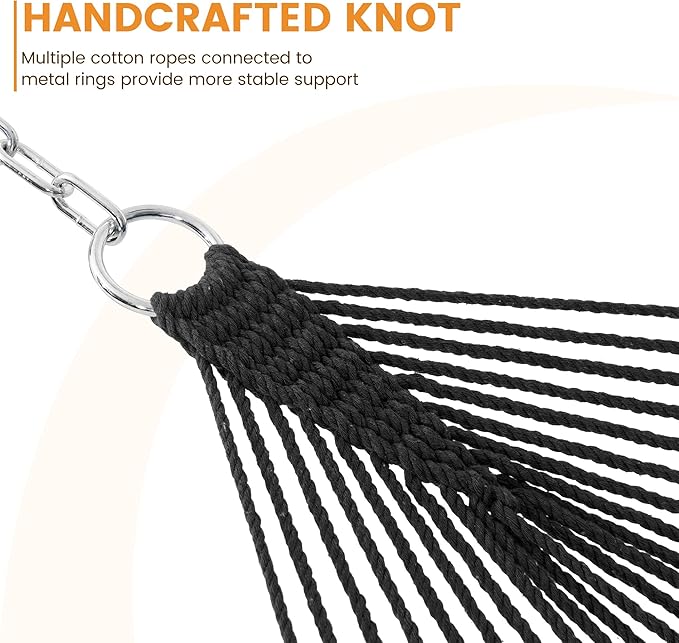 Lazy Daze Hammocks Double Rope Hammock 2 Person Traditional Outdoor Hand Woven Cotton Rope Hammock with Spreader Bar Carabiners Tree Straps Chains for Patio Yard - Max 450 Lbs Dark Grey