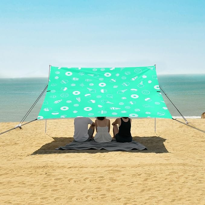 xigua Desserts Beach Tent Sun Shelter with Carrying Bag - Silver Coated Oxford Fabric Beach Canopy for Beach Camping Fishing - Includes Windproof Ropes Sandbags &amp Stakes