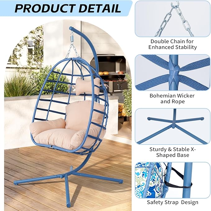 Hanging Egg Chair with Stand Outdoor Indoor Patio Rattan Swing Hammock Chairs with Washable Cushion 350lbs Capacity PE Wicker Swing Chair for Backyard Bedroom Garden (Blue + Beige Cushion)