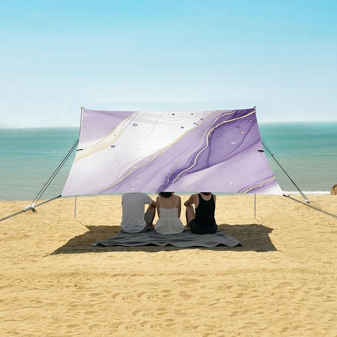Beach Canopy with Windproof Ropes &amp Sandbags Beach Tent Sun Shade Sun Shelter for Camping Trips Fishing Backyard Fun or Picnics Purple Texture