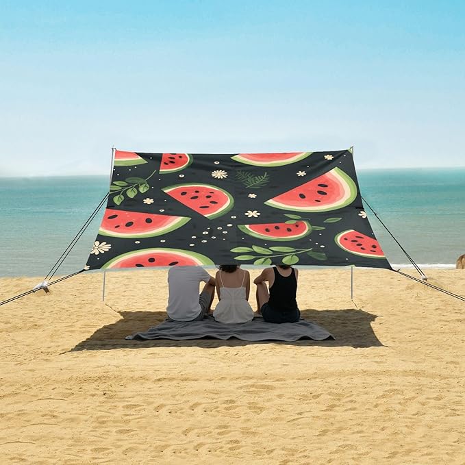 ALAZA Watermelon Floral Leave on Black Beach Tent Sun Shelter Portable Canopy Sunshade for Outdoor Camping Picnics Backyard Fun 10x9 ft