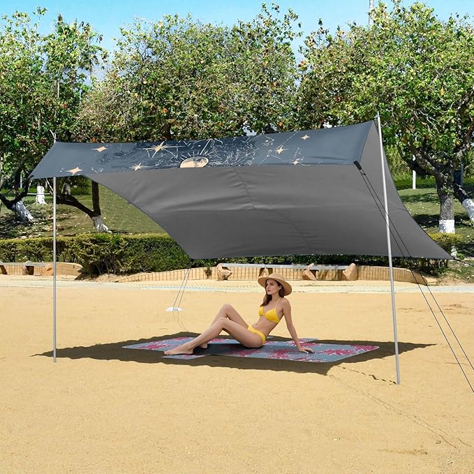 ALAZA Moon Sun Starry Sky Astrology Beach Tent Sun Shelter UPF50+ Protection Beach Shade Canopy w/ 4 Sandbags for Outdoor Camping Fishing Backyard Fun Picnic 10x9 ft