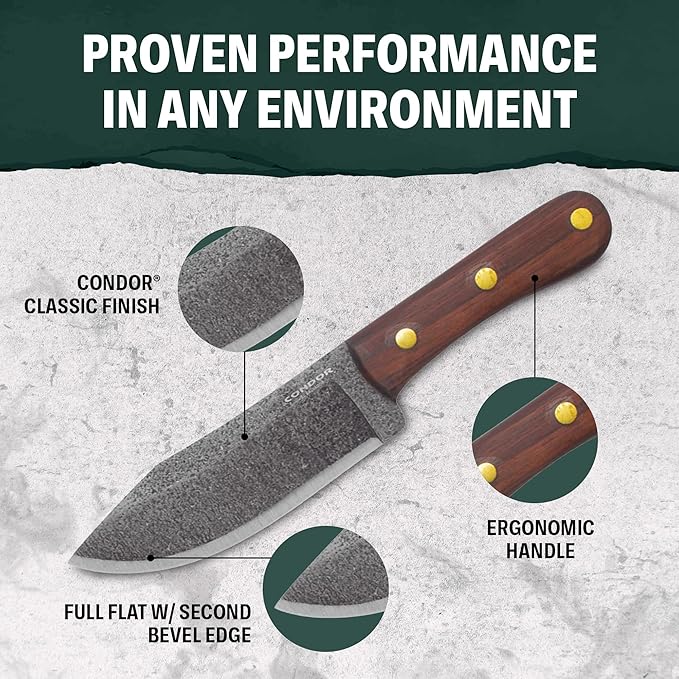 Condor Tool &amp Knife Mini Hudson Bay Fixed Blade Hunting Knife - 1075 High Carbon Steel - Hand Crafted Welted Leather Sheath - 4.9in Blade - 5mm Thick - 9.5oz