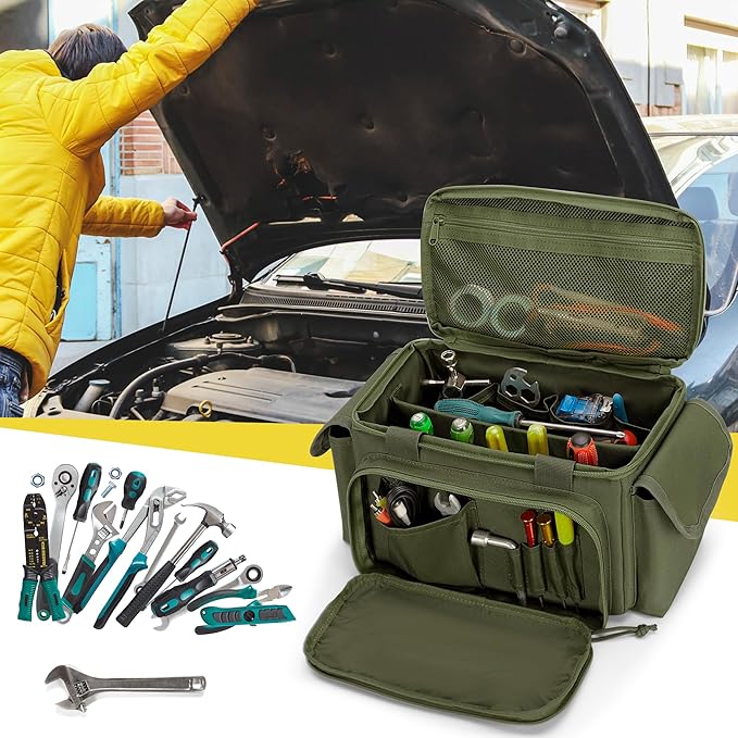 Rexmica Small Tool Bag with Anti-friction and Thick Padded Bottom Tool Storage Organizer for Men Tactical Range Bag Multi-functional Work Bag for Repairman Electrician Carpenters (Green)