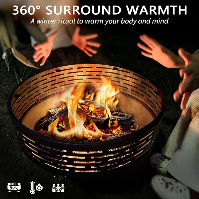 3-in-1 Fire Pit with Grill &amp Lid 23 Outdoor Fire Pit Table Cast Iron Wood Burning Firepit Heavy Duty Fire Bowl for Outside Patio Backyard Fireplaces Large BBQ Pit Table with Fire Poker