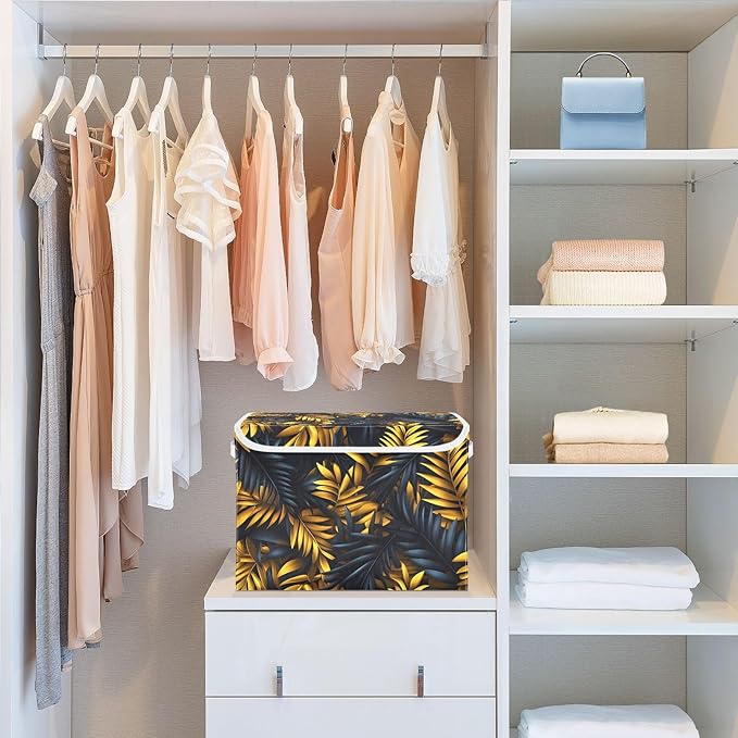 AIXIWAWA Lidded Storage Cube (Gold Palm Leaf) Fabric Foldable Closet Bins with Flip Lid and Handles Organizer Basket Container 16.5 x 12.6 x 11.8 IN