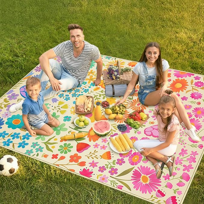 Floral Picnic Blankets Waterproof Foldable 60″X80″ Packable Picnic Mat Flowers Outdoor Blanket for Grass Large Beach Blanket Sandproof Picnic Accessories for Camping Music Festival Park Lawn Travel