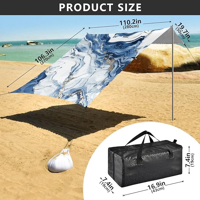 ALAZA Marble Blue White Beach Tent Sun Shelter Portable Canopy Sunshade for Outdoor Camping Picnics Backyard Fun 10x9 ft