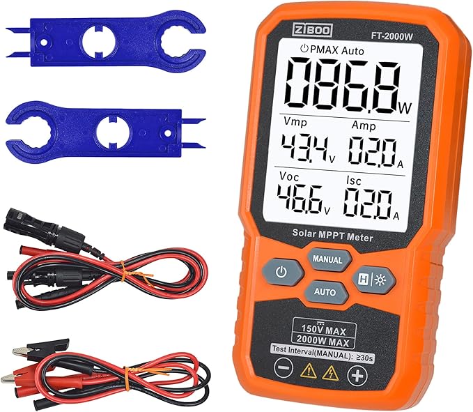 ZIBOO FT-2000W Solar Panel Tester MPPT Meter - 2000W Max Power 150V/35A PV Module Tester for Voc/Isc Open Circuit Voltage &amp Short Circuit Current with Backlight &amp Data Hold