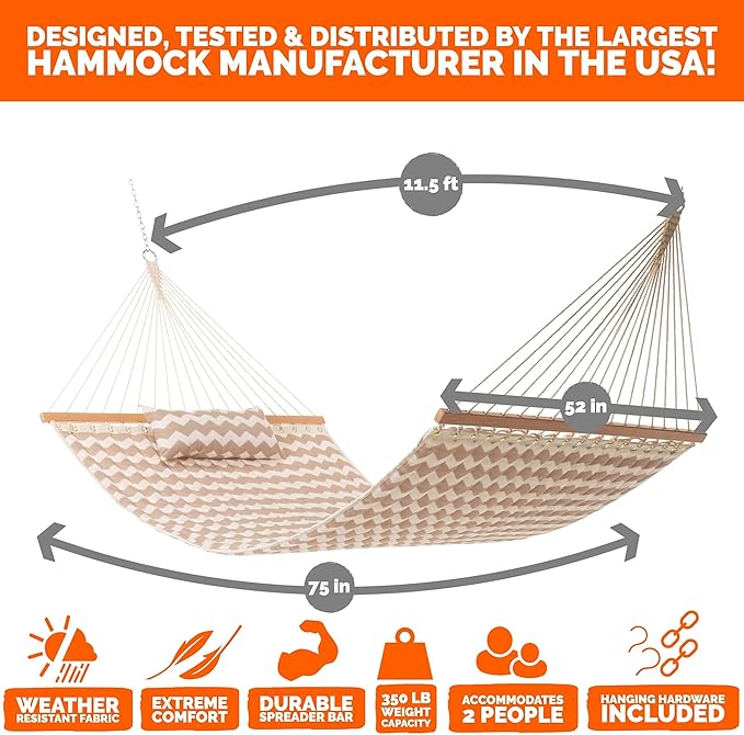 Castaway Living Large Beige Chevron Quilted Polyester Hammock – 11.5 ft. x 52 in. 350 lb Capacity Pillow Storage Bag Extension Chains &amp Tree Hooks – Outdoor Comfort &amp Style
