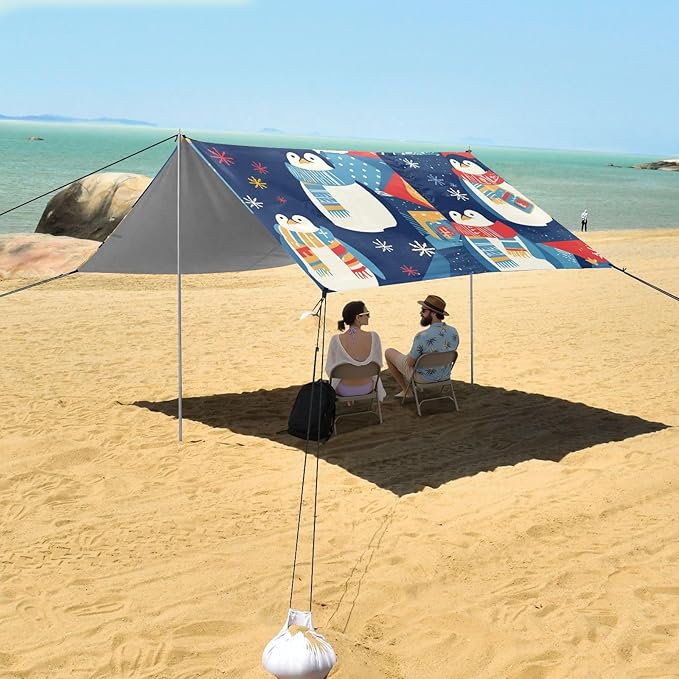 Christmas Penguin Foldable Beach Cabana UPF50+ Waterproof Large Sun Shelter with Sandbags and Shovel for Backyard and Camping