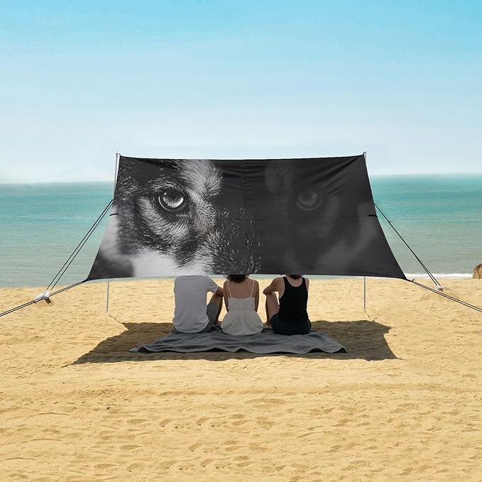 Wild Wolf Portrait Beach Tent Sun Shelter Set UPF50+ UV Protection 10.5 x 9.19 FT Camping Shade Canopy with Sandbags Sand Anchors Carrying Bag and Others