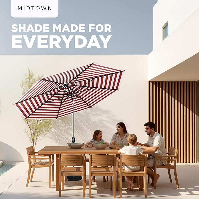 MIDTOWN UMBRELLAS The Lean 8 Feet Outdoor Umbrella With Terylast Red Stripes (Red/White Stripes) Polyester Fabric - 8 Ribs Aluminum Frame Patio Umbrella With Zinc Alloy Crank Lift And Auto-Tilt System