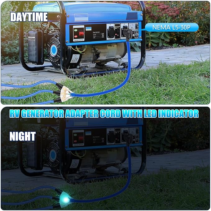 Tellegloww 35 FT Flat RV Generator Adapter Cord NEMA TT-30P to 3X 5-20R/5-15R 30A to 110V 15/20 A Household Outlet Adapter 10 Gauge Flat RV Generator Extension Cord ETL Listed Blue