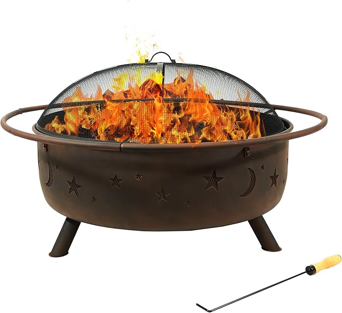 Sunnydaze Cosmic 42-Inch Large Outdoor Fire Pit - Wood-Burning Fire Pit with Round Spark Screen Poker and Built-in Grate