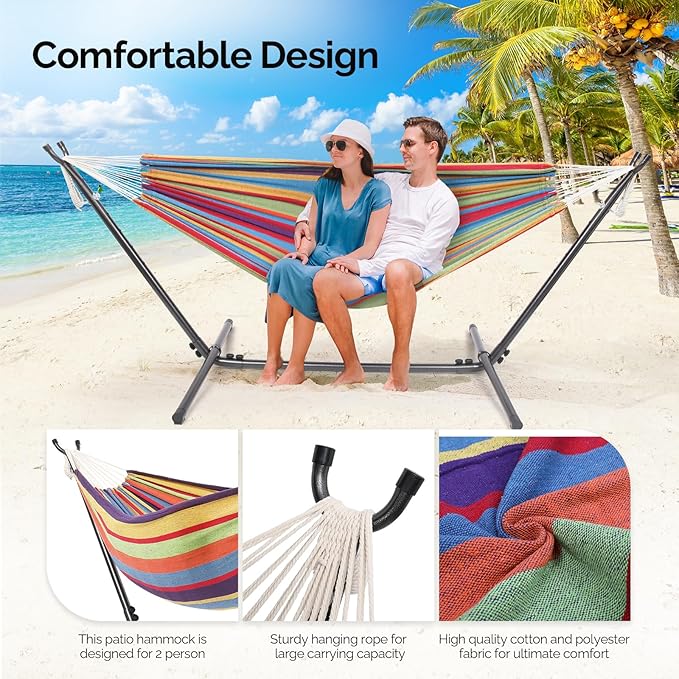 ONCLOUD 550 LBS Capacity Double Hammock with Stand Included with Portable Carrying Bag Heavy Duty 2-Person Hammock for Outdoors &amp Indoors - Desert Stripe Series TDCTZ1 - Rainbow Stripe