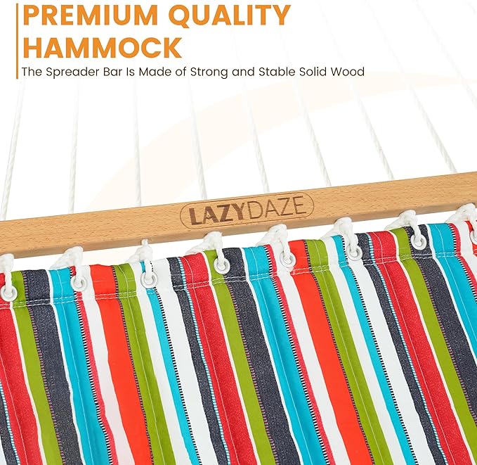 Lazy Daze Hammocks 12 FT Quilted Fabric Double Hammock with Spreader Bars and Detachable Pillow 450lbs Weight Capacity Bright Stripe