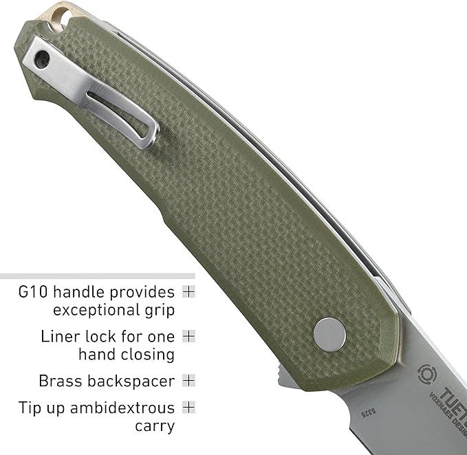CRKT Tueto EDC Pocket Knife: Everyday Carry Utility Folder Plain Edge Drop Point Blade with Liner Lock Assisted Open Bead Blast Finish Olive Green G10 Handle 5325