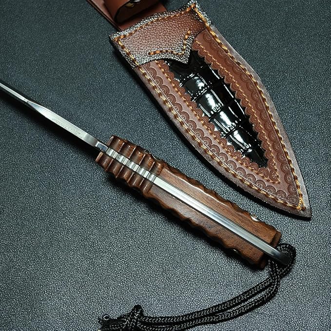 Fixed Blade Hunting Knife 10.6 Full Tang Survival Knife with 9Cr15MoV Steel Blade Heavy Duty Outdoor Knife with Window Breaker Non-Slip Extended Tang Leather Sheath for Survival Camping Hiking