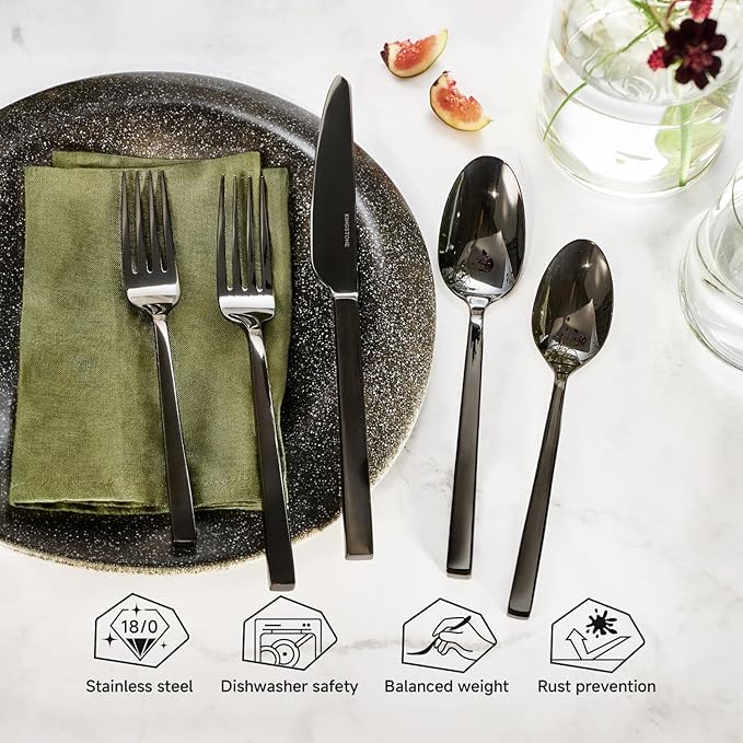 KINGSTONE Black Silverware Set 20-Piece Flatware Cutlery Set Premium Stainless Steel Service for 4 for Kitchen Home Wedding Party Mirror Polished and Dishwasher Safe