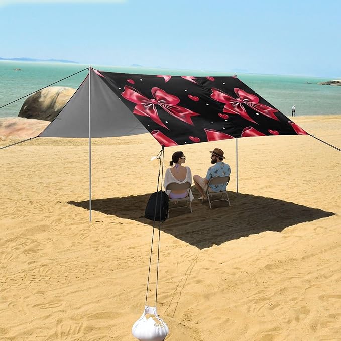 ALAZA Red Bow Heart Pattern Beach Tent Sun Shelter Portable Canopy Sunshade for Outdoor Camping Picnics Backyard Fun 10x9 ft