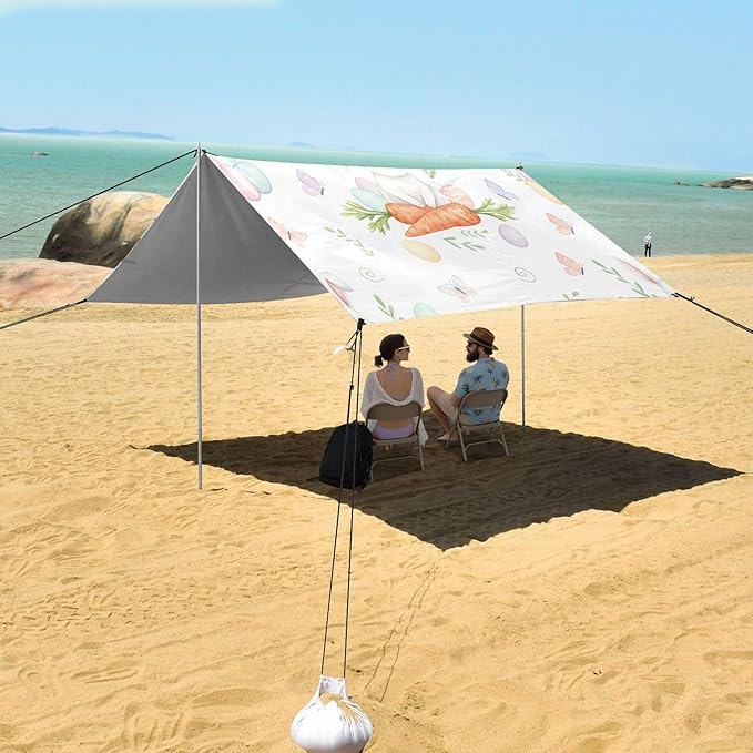 Easter Bunny Beach Canopy Sun Shelter with Sandbags &amp Sand Shovel &amp Windproof Ropes - Portable 110x126 Beach Shade Beach Tent for Camping Picnics