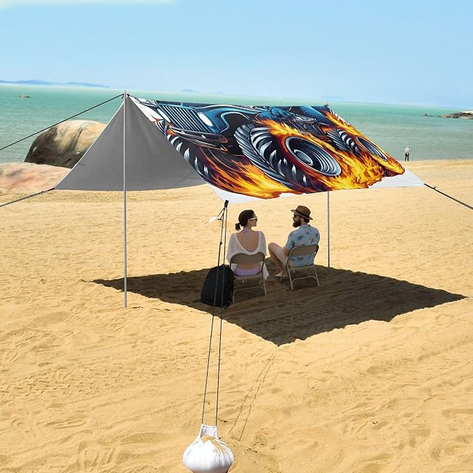 ALAZA Blue Dinosaur Truck Fire Beach Tent Sun Shelter Portable Canopy Sunshade for Outdoor Camping Picnics Backyard Fun 10x9 ft