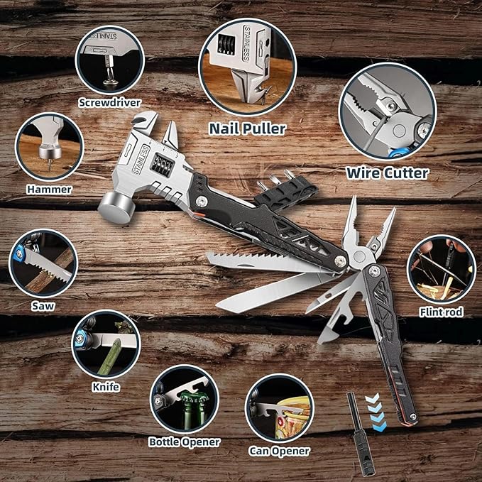 MALOM 18-in-1 Upgraded adjustable Hammer Stainless Steel multitool Pliers with Replaceable Tungsten Wire Cutters Bottle Opener Nylon Sheath Ideal for Camping Survival Hunting (Black)