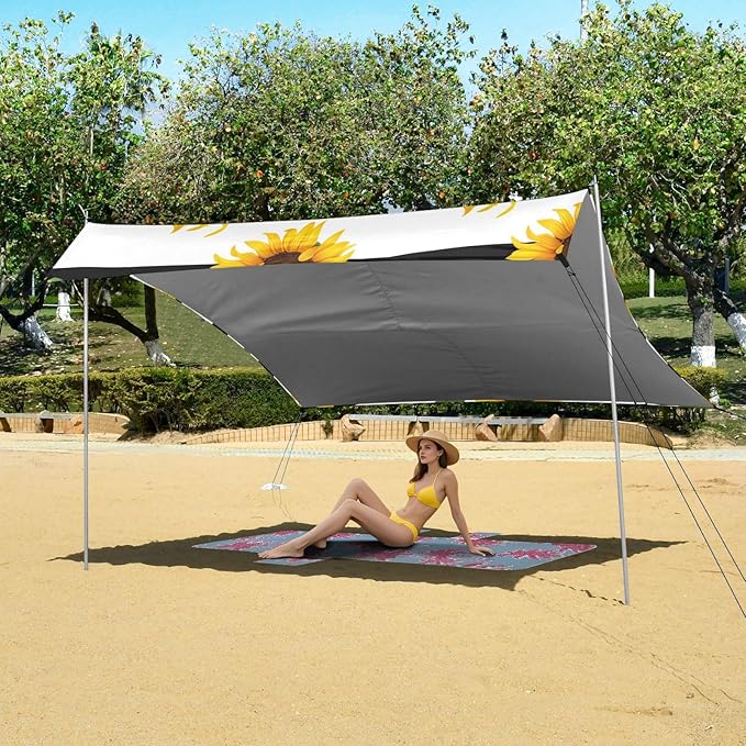 Beach Canopy with Windproof Ropes &amp Sandbags Beach Tent Sun Shade Sun Shelter for Camping Trips Fishing Backyard Fun or Picnics Sunflower