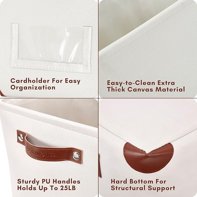 DECOMOMO White Storage Bins Fabric Storage Baskets for Shelves &amp Linen Closet Organization (Creamy White W/ Label holder Large - 3 Pack)