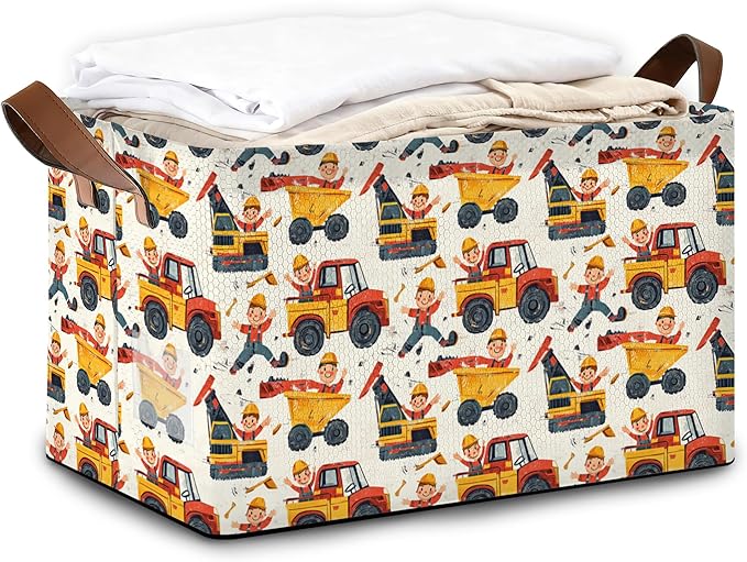 32L Large Storage Bins with Handles Basket Organizer for Shelves Closet Books Laundry &amp Home Decor (Car Excavator)