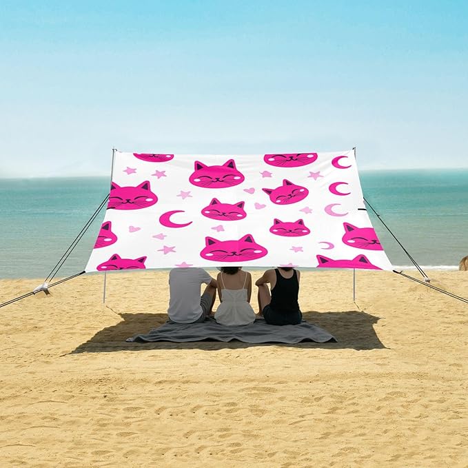 xigua Cat Beach Tent Sun Shelter with Carrying Bag - Silver Coated Oxford Fabric Beach Canopy for Beach Camping Fishing - Includes Windproof Ropes Sandbags &amp Stakes