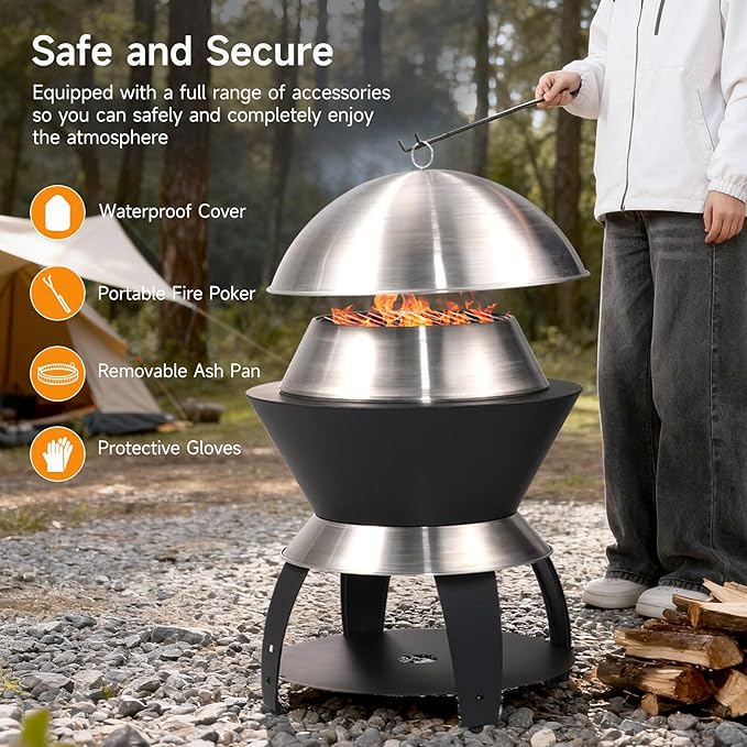 ONBRILL 20 Inch Smokeless Firepit Outdoor Fire Pit with Waterproof Lid Removable Ash Pan Handbag 2 in 1 Stainless Steel Potable Fire Pits for Outside Wood Burning Bonfire Camping Picnic Black