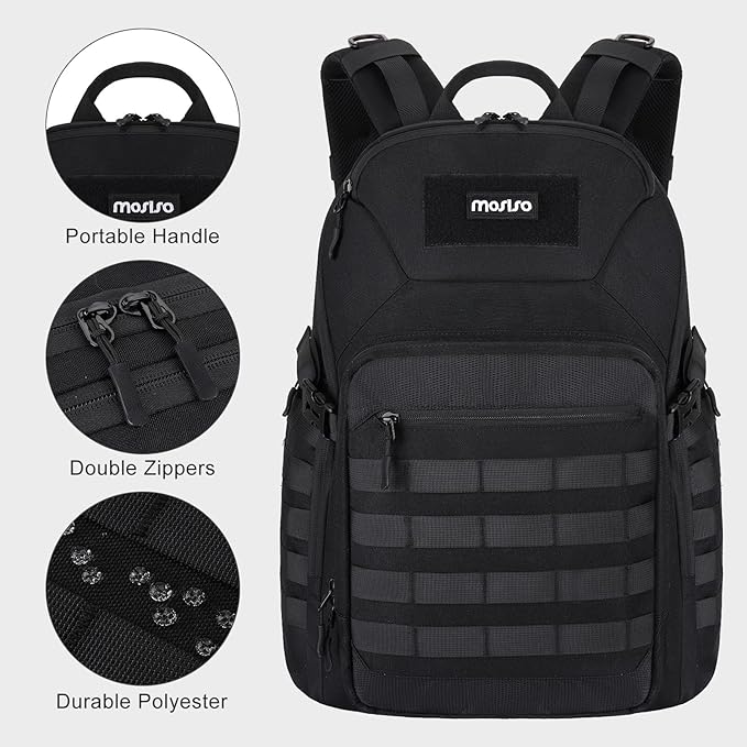 MOSISO 30L Military Tactical Backpack for Men Daypack 3 Day Bug Out Bag Hiking Rucksack with Bottle Holder for Sport Outdoor Hiking Camping Training Black