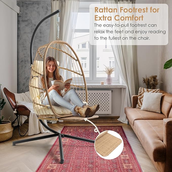 Brafab Hanging Egg Chair with Stand and Footrest Wicker Egg Swing Chair Indoor Outdoor Aluminum-Steel Frame and UV Resistant Cushion Patio Lounge Hammock Chairs for Bedroom 370LBS Capacity Begie
