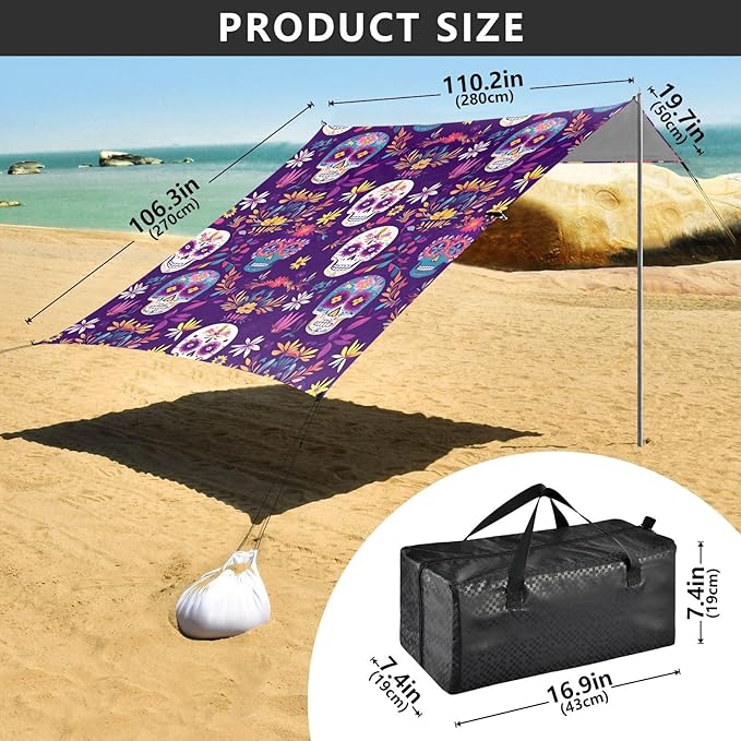 ALAZA Purple Skull Flower Pattern Beach Tent Sun Shelter Portable Canopy Sunshade for Outdoor Camping Picnics Backyard Fun 10x9 ft