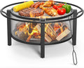 ONBRILL 2-in-1 36 Inch Fire Pit with Cooking Grill Outdoor Wood Burning Firepit with Poker for BBQ Bonfire Picnic Party Round Metal Fire Pit for Outside Backyard Patio