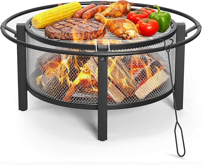 ONBRILL 2-in-1 36 Inch Fire Pit with Cooking Grill Outdoor Wood Burning Firepit with Poker for BBQ Bonfire Picnic Party Round Metal Fire Pit for Outside Backyard Patio