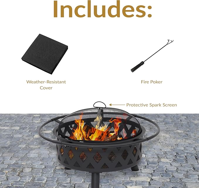 Sunnydaze Crossweave Outdoor Fire Pit - Wood-Burning Fire Pit for Outside with Spark Screen Poker and Round Cover - 30-Inch - Black
