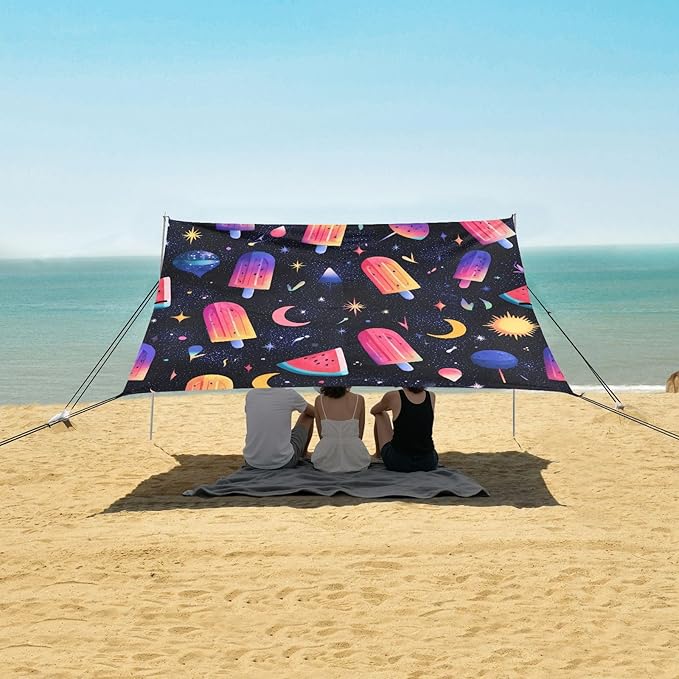 ALAZA Rainbow Popsicle Watermelon Moon Beach Tent Sun Shelter UPF50+ Protection Beach Shade Canopy w/ 4 Sandbags for Outdoor Camping Fishing Backyard Fun Picnic 10x9 ft