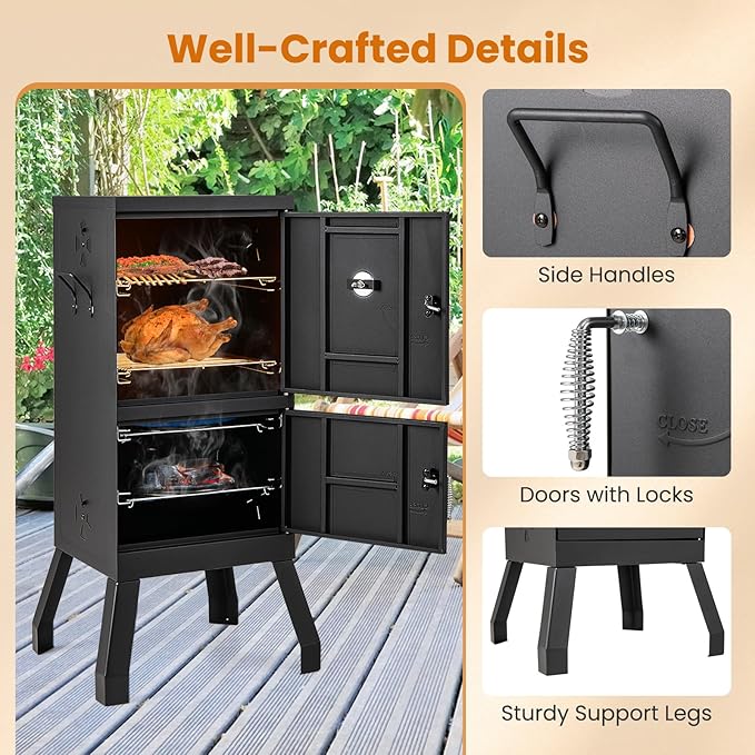 Giantex Outdoor Smoker with Double Doors 2 Detachable Grill Netting Smoking Racks Charcoal Pan &amp Water Pan 4 Air Vents Thermometer Vertical Charcoal Smoker for Barbecue Camping Backyard Grill