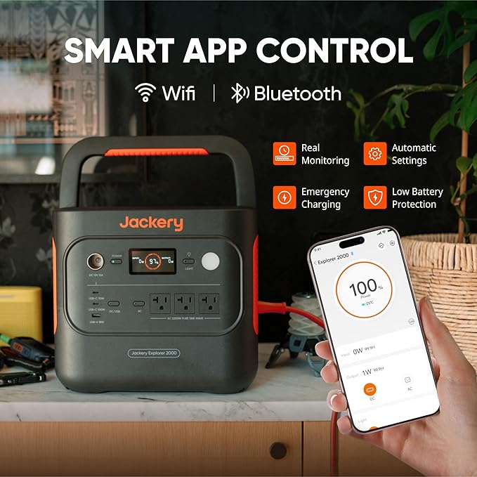 Jackery Explorer 2000 v2 Portable Power Station with Car Charging Cable 2042Wh LiFePO4 Battery 2200W Solar Generator USB-C PD 100W Fast Charging for Camping Home Use(Solar Panel Optional)