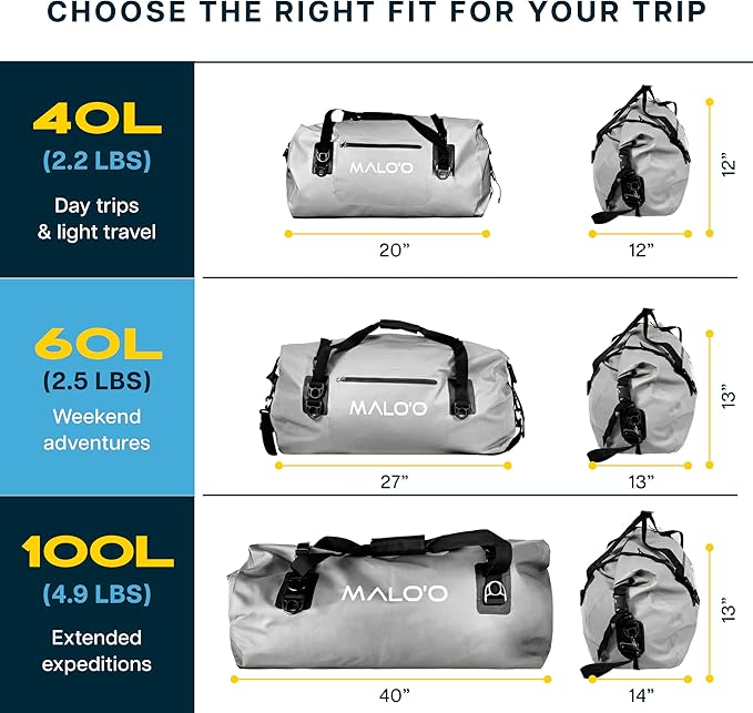 Malo’o Waterproof Dry Duffel Heavy-Duty Roll Top Waterproof Gear Bag with Shoulder Strap &amp Molle Loops Marine Duffel for Kayaking Boating Camping Beach &amp Travel Grey 60L